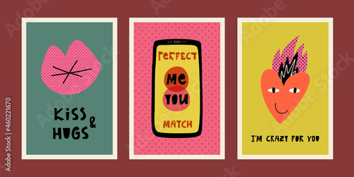 Valentine's Day funny cards. Kiss and Hugs, Love phone app and You and me is a perfect match text, I'm crazy for you
