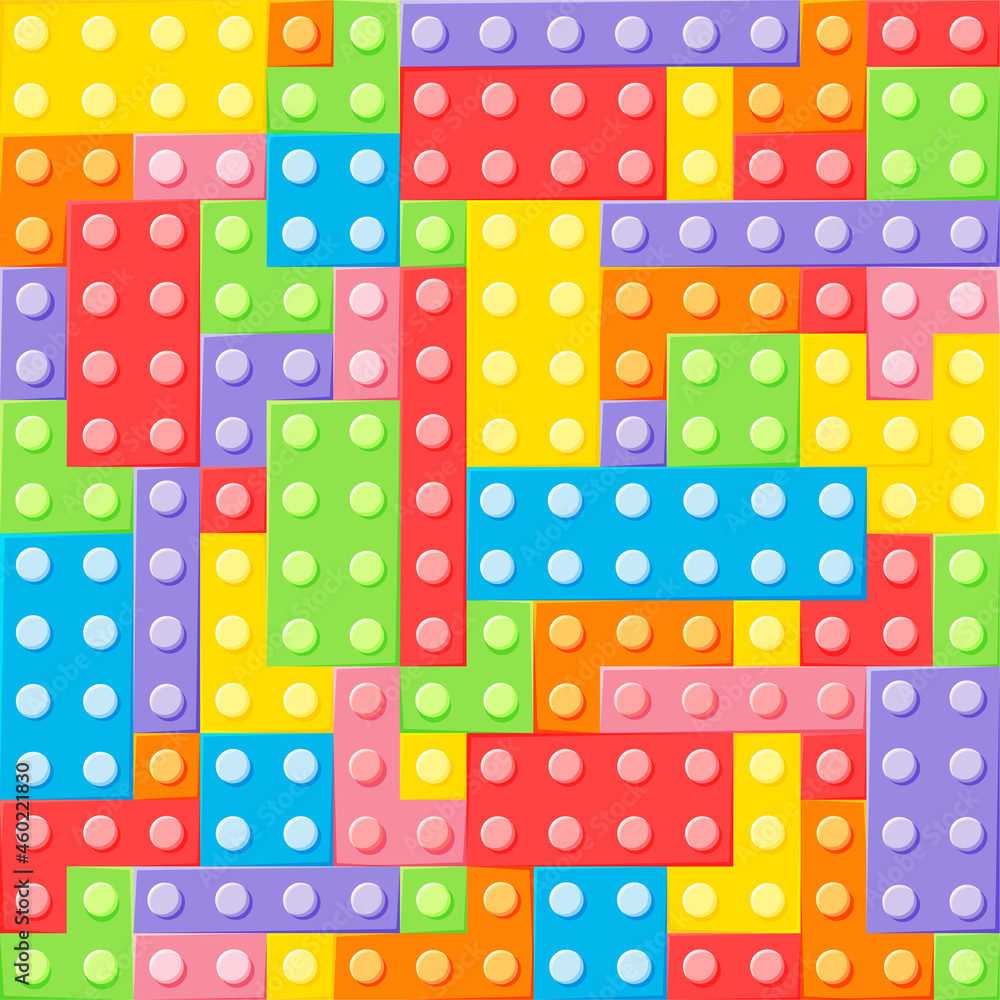 Various plastic blocks seamless pattern. 7 colors and shapes. Constructor for children. Vector background Various plastic blocks seamless pattern. 7 colors and shapes. Constructor for children. Vector background
