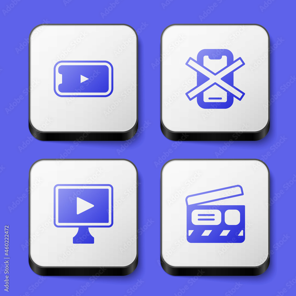 Set Online play video, No cell phone, and Movie clapper icon. White square button. Vector Set Online play video, No cell phone, and Movie clapper icon. White square button. Vector