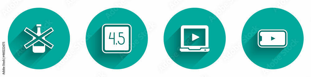 Set No alcohol, Rating movie, Online play video and icon with long shadow. Vector Set No alcohol, Rating movie, Online play video and icon with long shadow. Vector