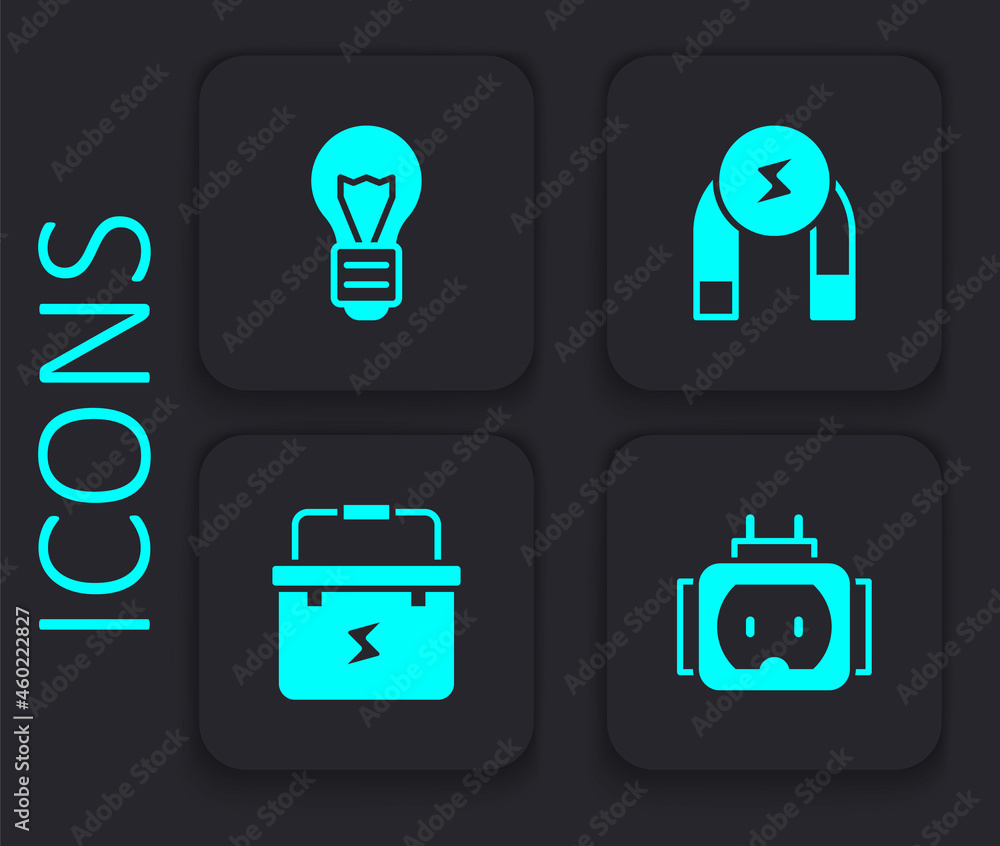 Set Tee plug electric, Creative lamp light idea, Magnet and Toolbox electrician icon. Black square button. Vector Set Tee plug electric, Creative lamp light idea, Magnet and Toolbox electrician icon. Black square button. Vector