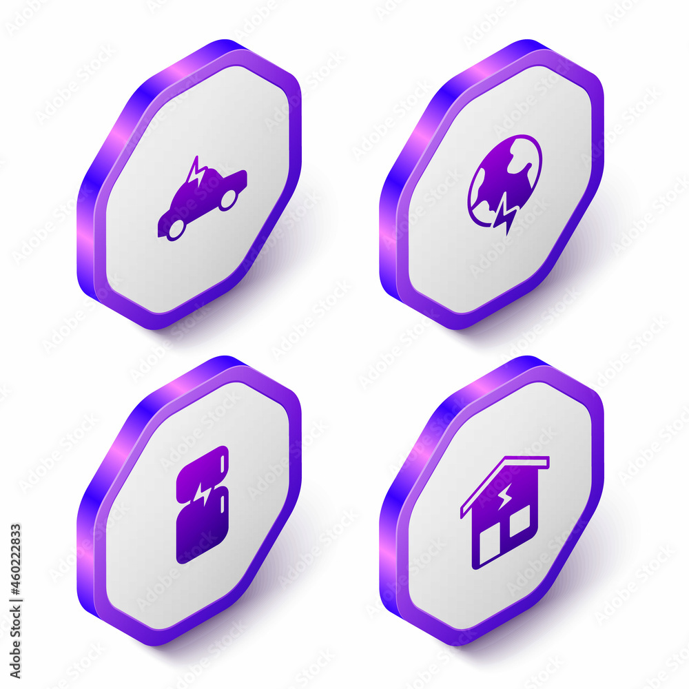 Set Isometric Electric car, Global planet with thunderbolt, Refrigerator and Smart home icon. Purple hexagon button. Vector
