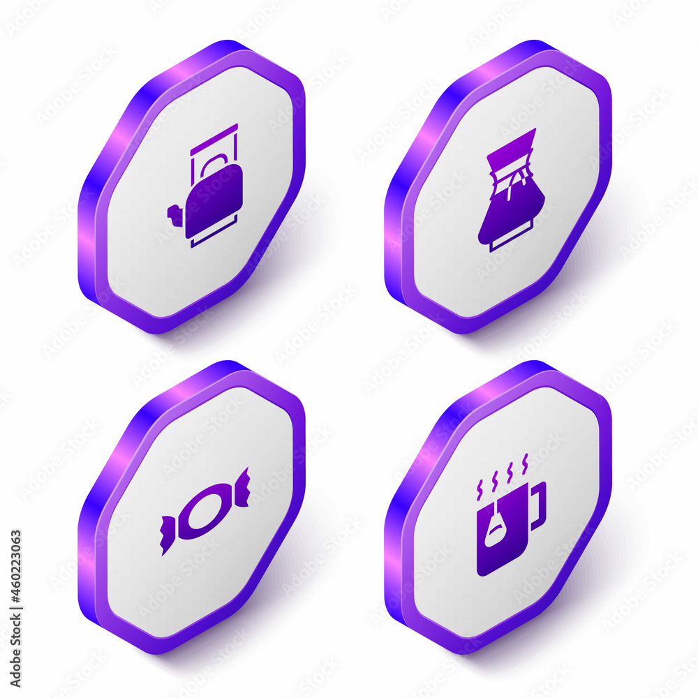 Set Isometric Kettle with handle, Pour over coffee maker, Candy and Cup tea bag icon. Purple hexagon button. Vector Set Isometric Kettle with handle, Pour over coffee maker, Candy and Cup tea bag icon. Purple hexagon button. Vector