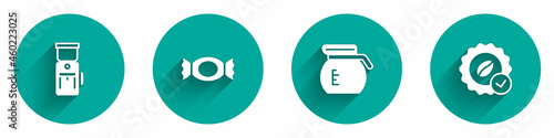Set Electric coffee grinder, Candy, Coffee pot and Medal for icon with long shadow. Vector