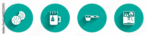 Set Cookie or biscuit, Cup of tea with bag, Coffee filter holder and machine icon with long shadow. Vector