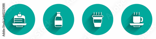 Set Piece of cake, Milk bottle, Coffee cup to go and icon with long shadow. Vector