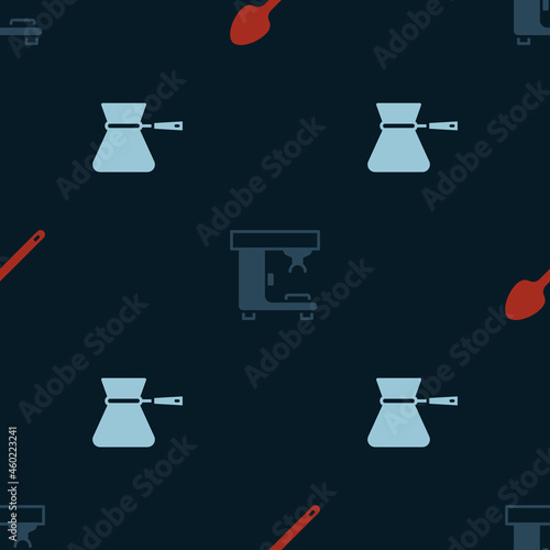 Set Teaspoon, Coffee machine and turk on seamless pattern. Vector