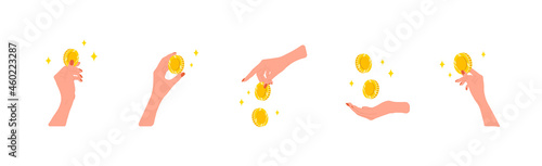 Transfer money. Female hands giving golden coins. Donation, charity or payday concept. Financial symbol. Banking or business services. Vector illustration in flat cartoon style.