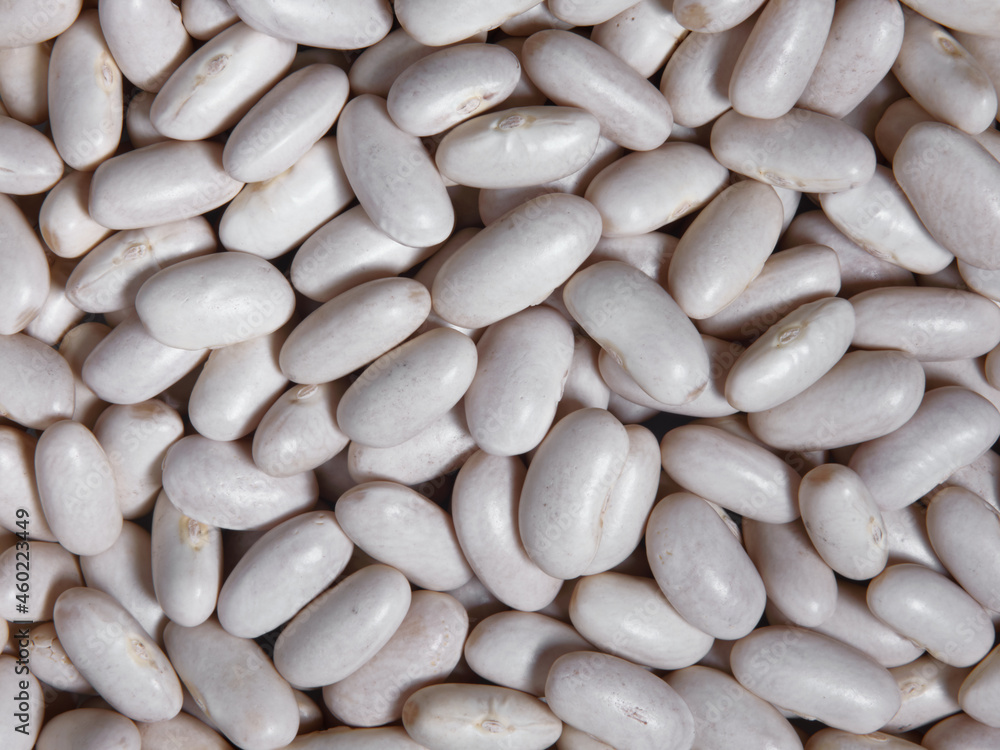Heap of white beans texture as background. Top view.