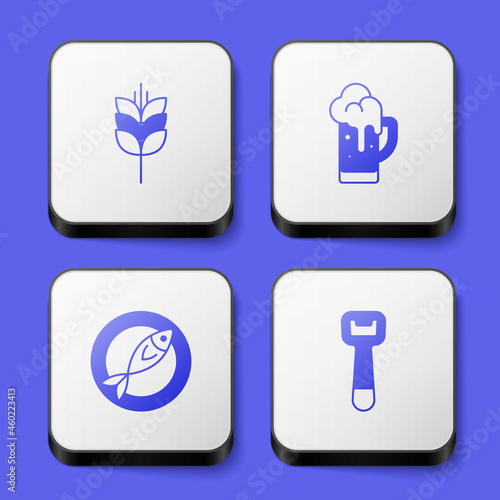 Set Wheat, Glass of beer, Dried fish and Bottle opener icon. White square button. Vector
