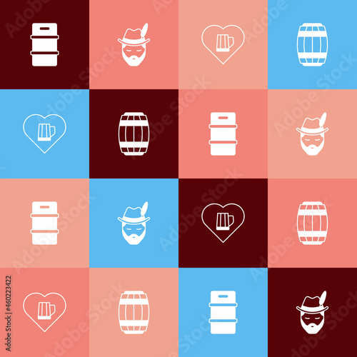 Set pop art Metal beer keg, Oktoberfest man, Heart with glass of and Wooden barrel icon. Vector
