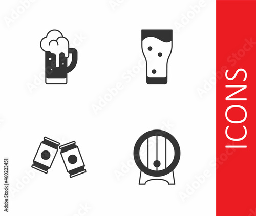 Set Wooden barrel on rack, Glass of beer, Beer can and icon. Vector