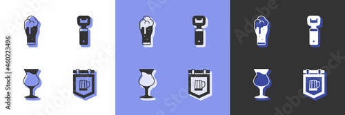 Set Street signboard with beer, Glass of, and Bottle opener icon. Vector