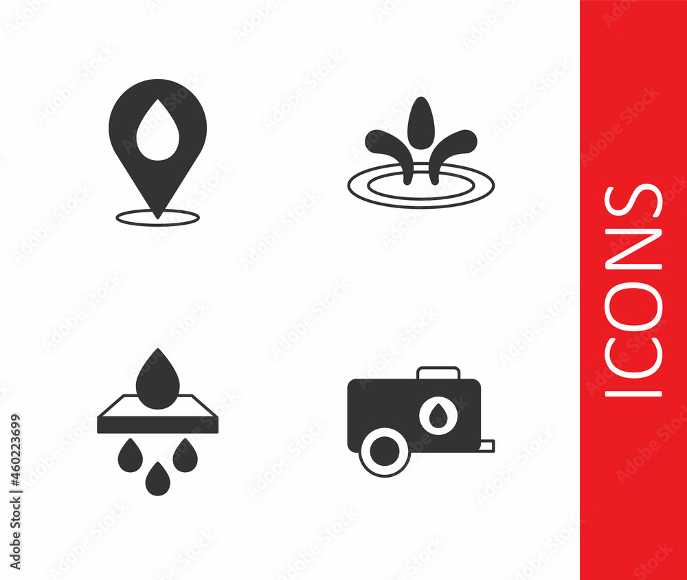 Set Mobile water tank, Water drop with location, filter cartridge and icon. Vector Set Mobile water tank, Water drop with location, filter cartridge and icon. Vector