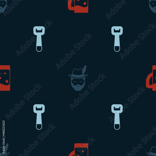 Set Glass of beer, Oktoberfest man and Bottle opener on seamless pattern. Vector
