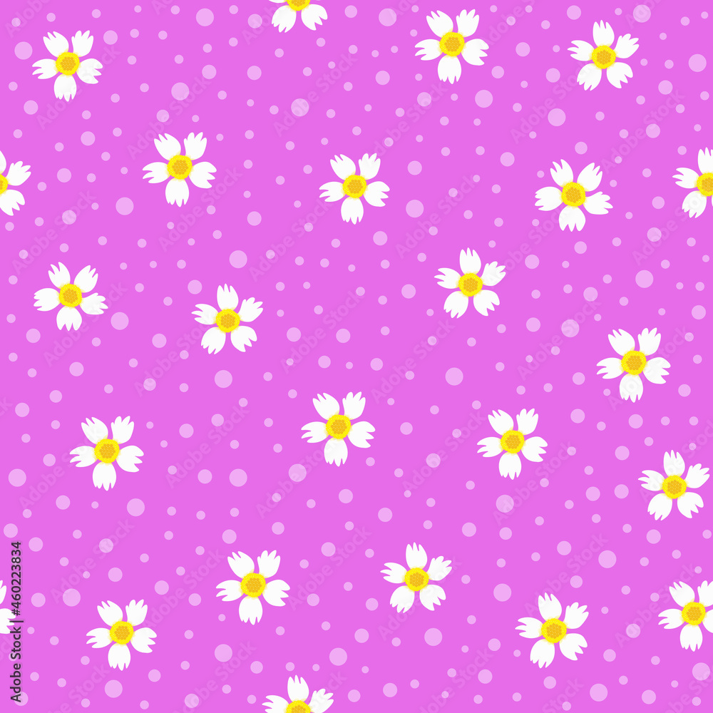 daisy repeat pattern. ditsy daisy flowers or chamomile in summer spring autumn season with dots for textile, fabric, clothing, dress, girly stuff, stationary, etc.