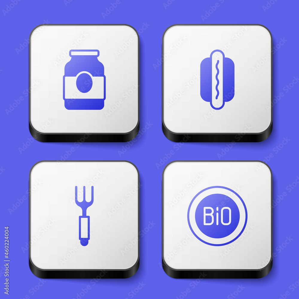Set Jam jar, Hotdog, Fork and Banner for bio icon. White square button. Vector Set Jam jar, Hotdog, Fork and Banner for bio icon. White square button. Vector