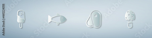 Set Ice cream, Fish, Steak meat and Fly agaric mushroom. Paper art style. Vector
