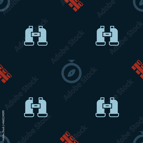 Set Hunting cartridge belt, Compass and Binoculars on seamless pattern. Vector