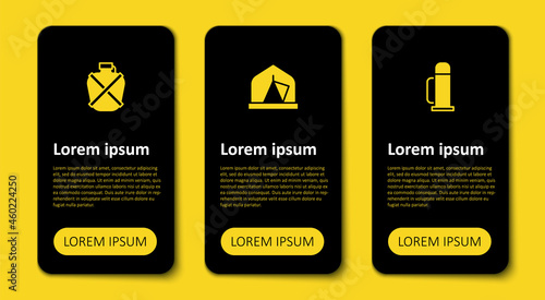 Set Thermos container, Tourist tent and Canteen water bottle. Business infographic template. Vector