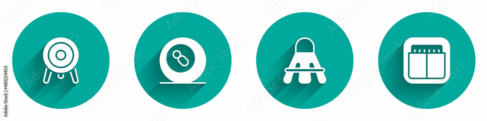 Set Target sport, Billiard pool snooker ball, Badminton shuttlecock and Sport mechanical scoreboard icon with long shadow. Vector Set Target sport, Billiard pool snooker ball, Badminton shuttlecock and Sport mechanical scoreboard icon with long shadow. Vector