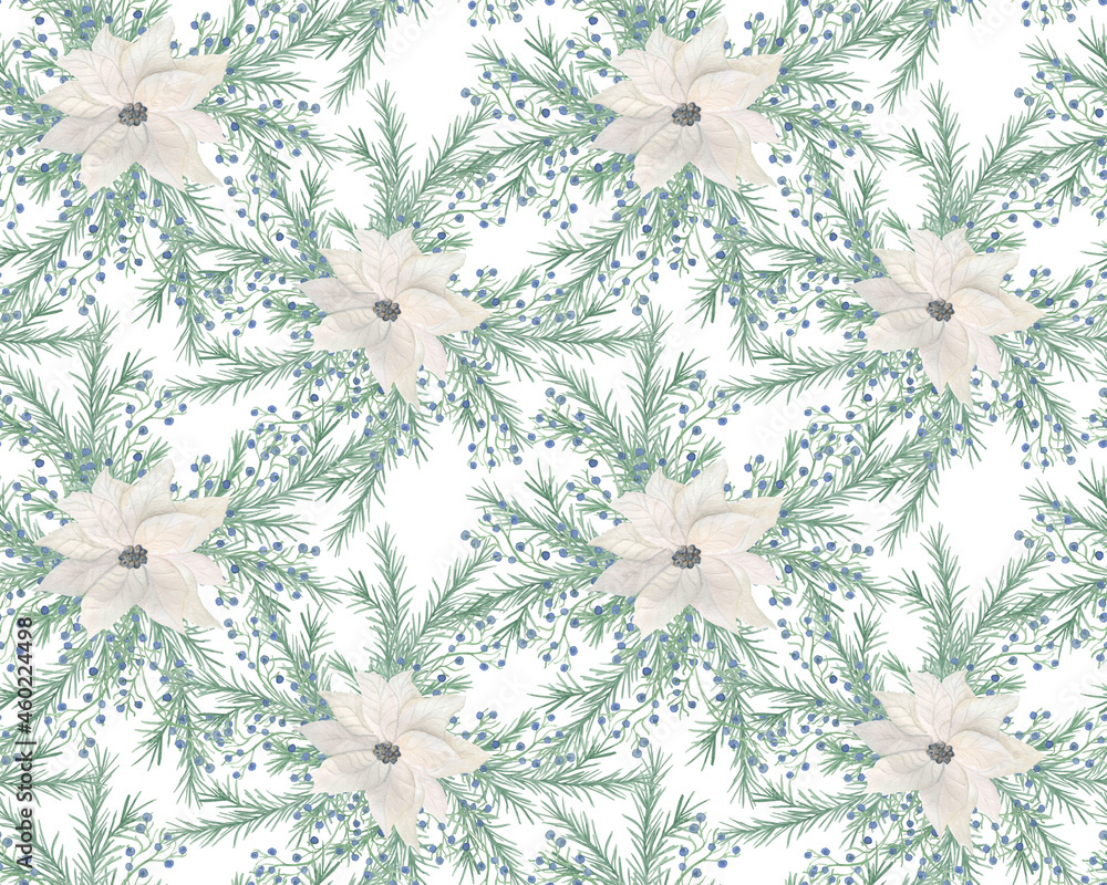 Watercolor painting seamless pattern with white poinsettia flowers and blue berries