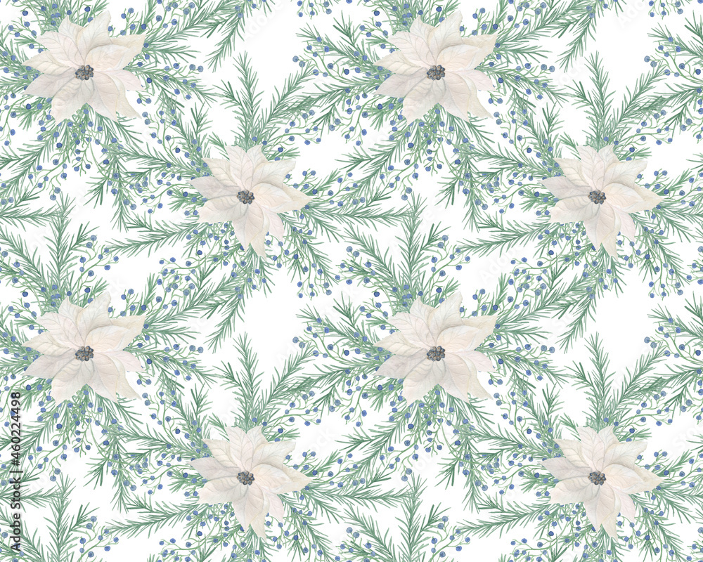 Watercolor painting seamless pattern with white poinsettia flowers and blue berries Watercolor painting seamless pattern with white poinsettia flowers and blue berries