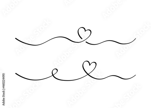 Heart and love swirl divider. Hand drawn sketch doodle style. Line scribble heart thread vector illustration. Love and wedding concept.