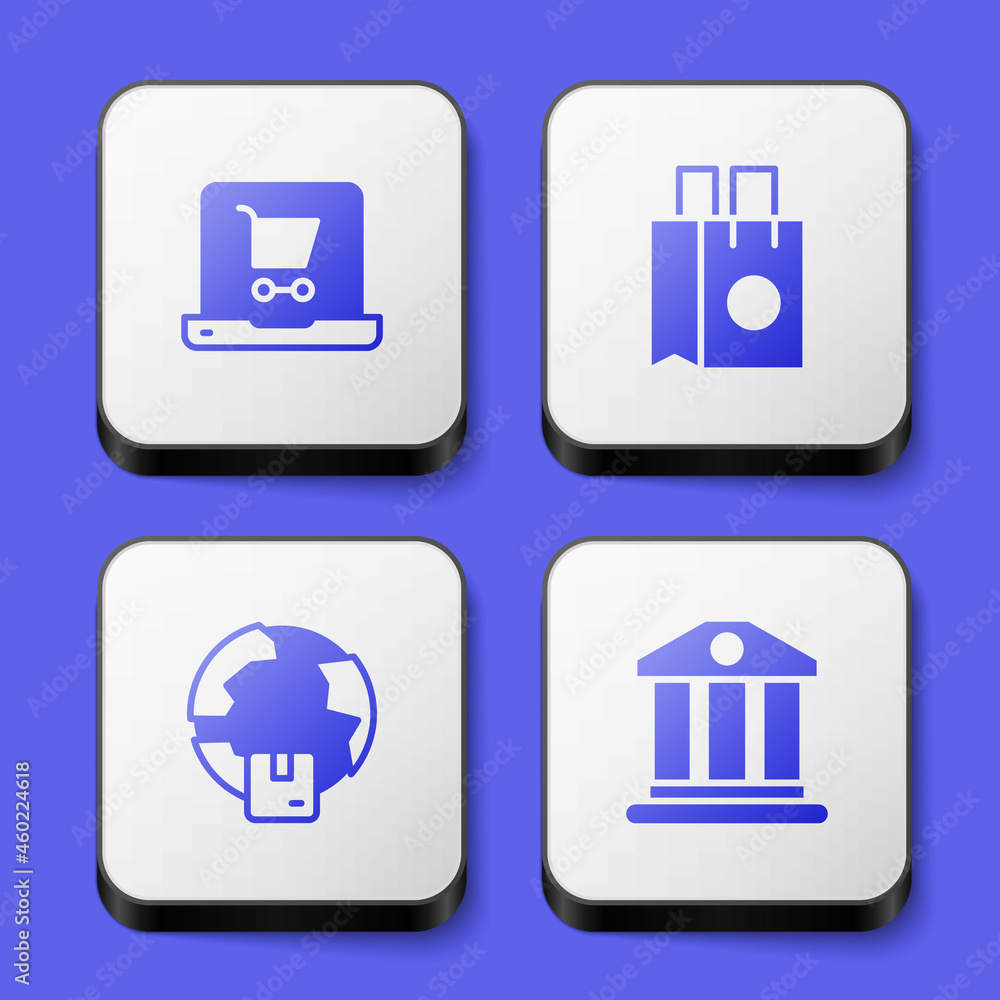 Set Shopping cart on screen laptop, Paper shopping bag, Worldwide shipping and Bank building icon. White square button. Vector Set Shopping cart on screen laptop, Paper shopping bag, Worldwide shipping and Bank building icon. White square button. Vector