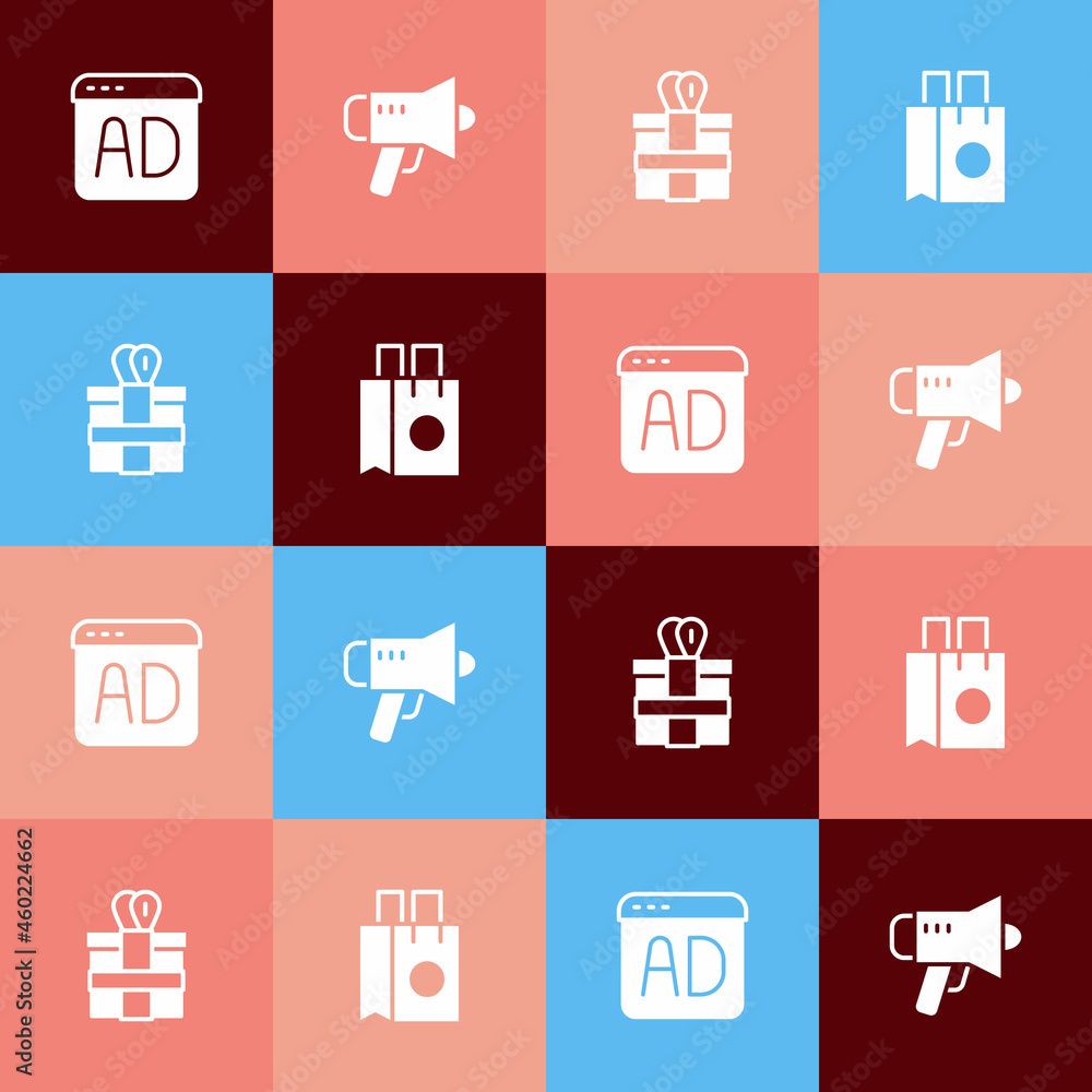 Set pop art Advertising, Megaphone, Gift box and Paper shopping bag icon. Vector Set pop art Advertising, Megaphone, Gift box and Paper shopping bag icon. Vector