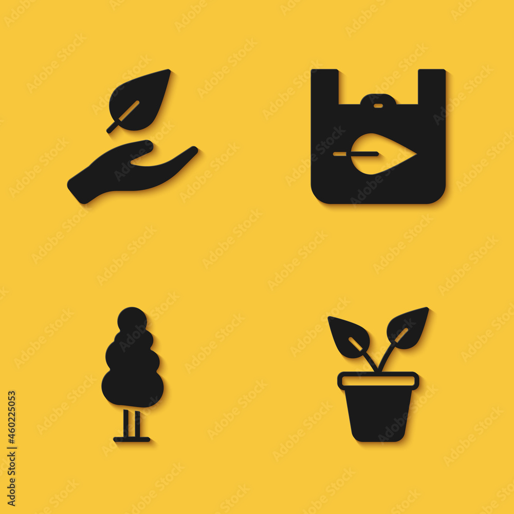 Obraz premium Set Leaf in hand, Plant pot, Tree and Shopping bag with recycle icon with long shadow. Vector