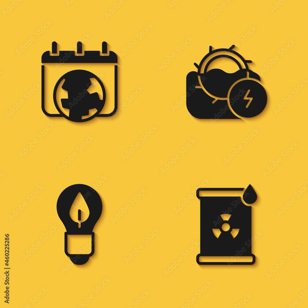 Set World Earth day, Radioactive waste in barrel, Light bulb with leaf and Water mill icon with long shadow. Vector Set World Earth day, Radioactive waste in barrel, Light bulb with leaf and Water mill icon with long shadow. Vector