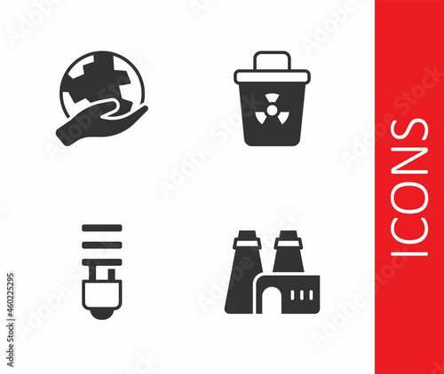 Set Factory production, Hand holding Earth globe, LED light bulb and Infectious waste icon. Vector