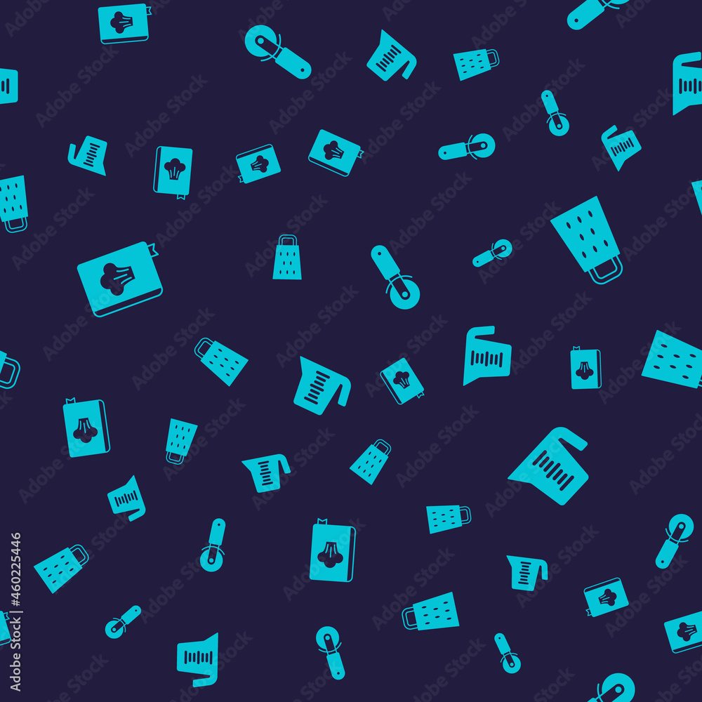Set Cookbook, Grater, Pizza knife and Measuring cup on seamless pattern. Vector Set Cookbook, Grater, Pizza knife and Measuring cup on seamless pattern. Vector