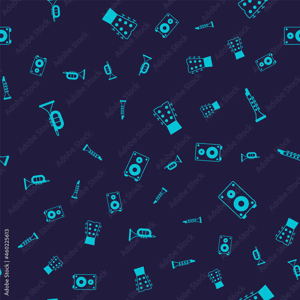 Naklejka premium Set Trumpet, Clarinet, Guitar neck and Stereo speaker on seamless pattern. Vector