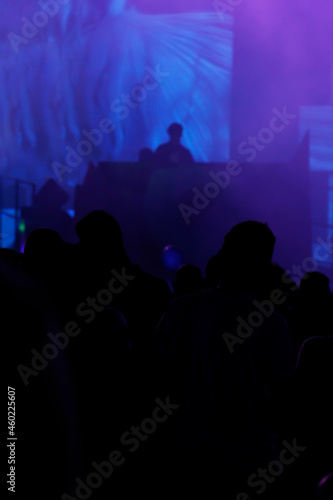 Silhouette of group of people raising their hands in concert. People in discotheque