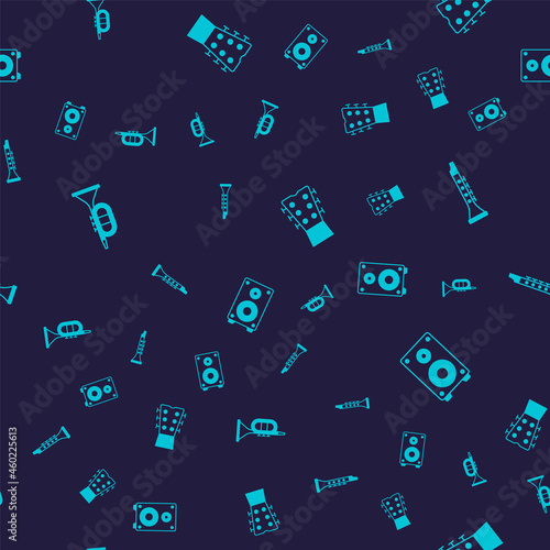 Set Trumpet, Clarinet, Guitar neck and Stereo speaker on seamless pattern. Vector