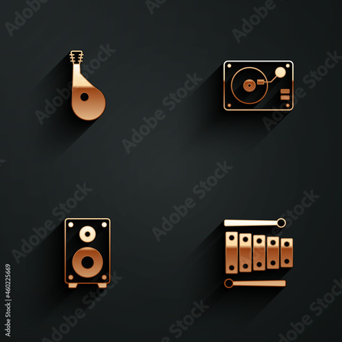 Set Bandura, Vinyl player with vinyl disk, Stereo speaker and Xylophone icon with long shadow. Vector
