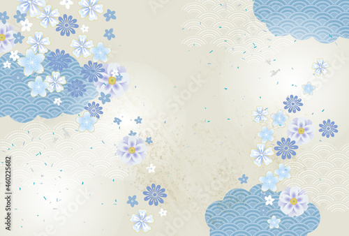青い雲と花模様の和柄背景（横）