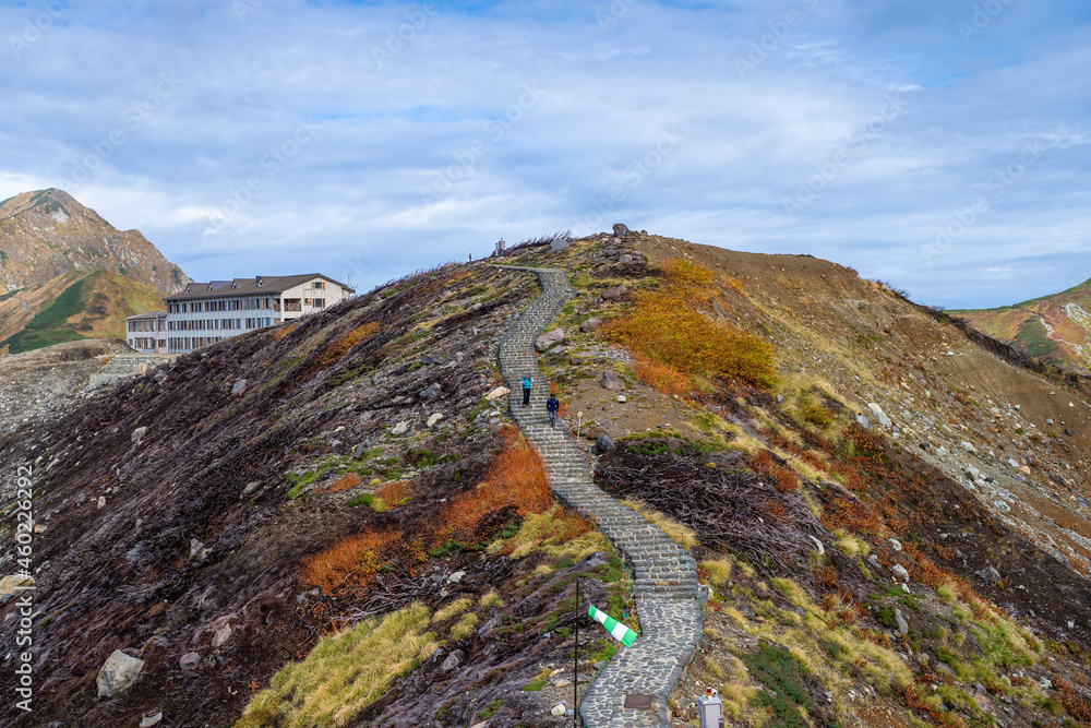 Obraz premium 富山県立山町の立山の秋の紅葉の季節に登山している風景 Scenery of climbing Tateyama Mountain in Tateyama Town, Toyama Prefecture, Japan during the season of autumn leaves. 