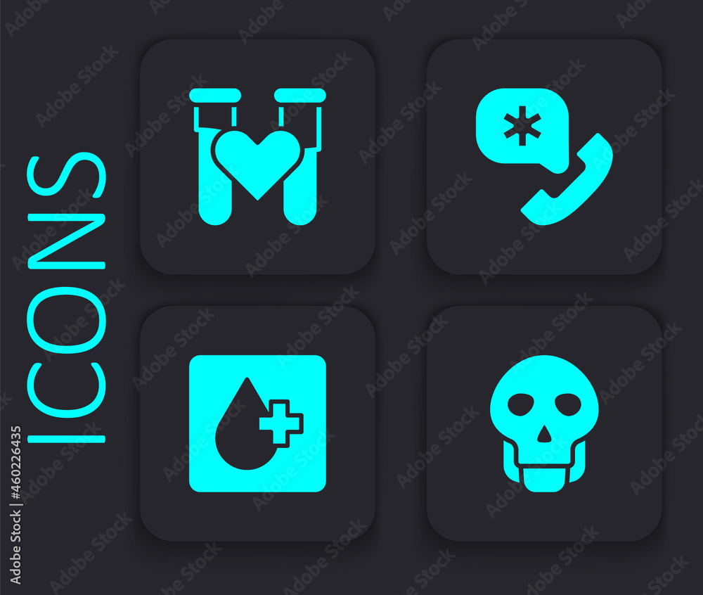 Set Skull, Test tube with blood, Emergency call 911 and Blood test icon. Black square button. Vector Set Skull, Test tube with blood, Emergency call 911 and Blood test icon. Black square button. Vector