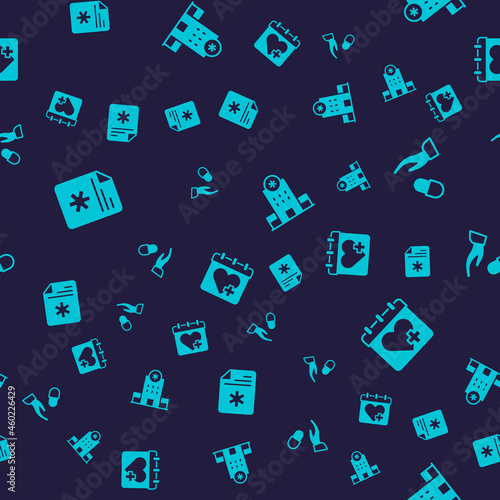 Set Patient record, Medical prescription, Hospital building and Doctor appointment on seamless pattern. Vector