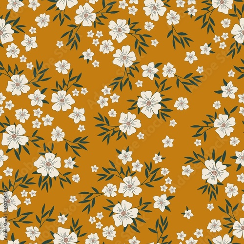 Seamless vintage pattern. wonderful white flowers, dark green leaves on a terracotta background. vector texture. trend print for textiles, wallpaper and packaging.