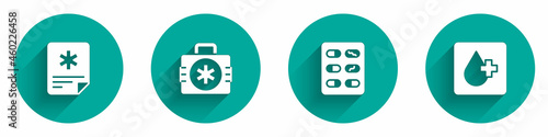 Set Patient record, First aid kit, Pills in blister pack and Blood test icon with long shadow. Vector