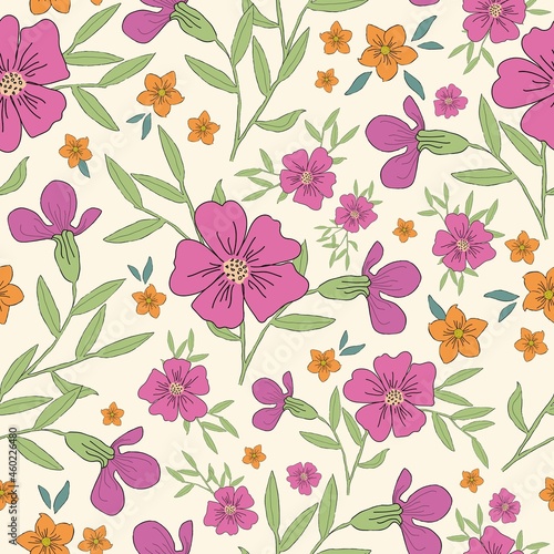 Wallpaper Mural Seamless vintage pattern. wonderful pink and orange flowers, green leaves on a light background. vector texture. trend print for textiles and wallpaper. Torontodigital.ca