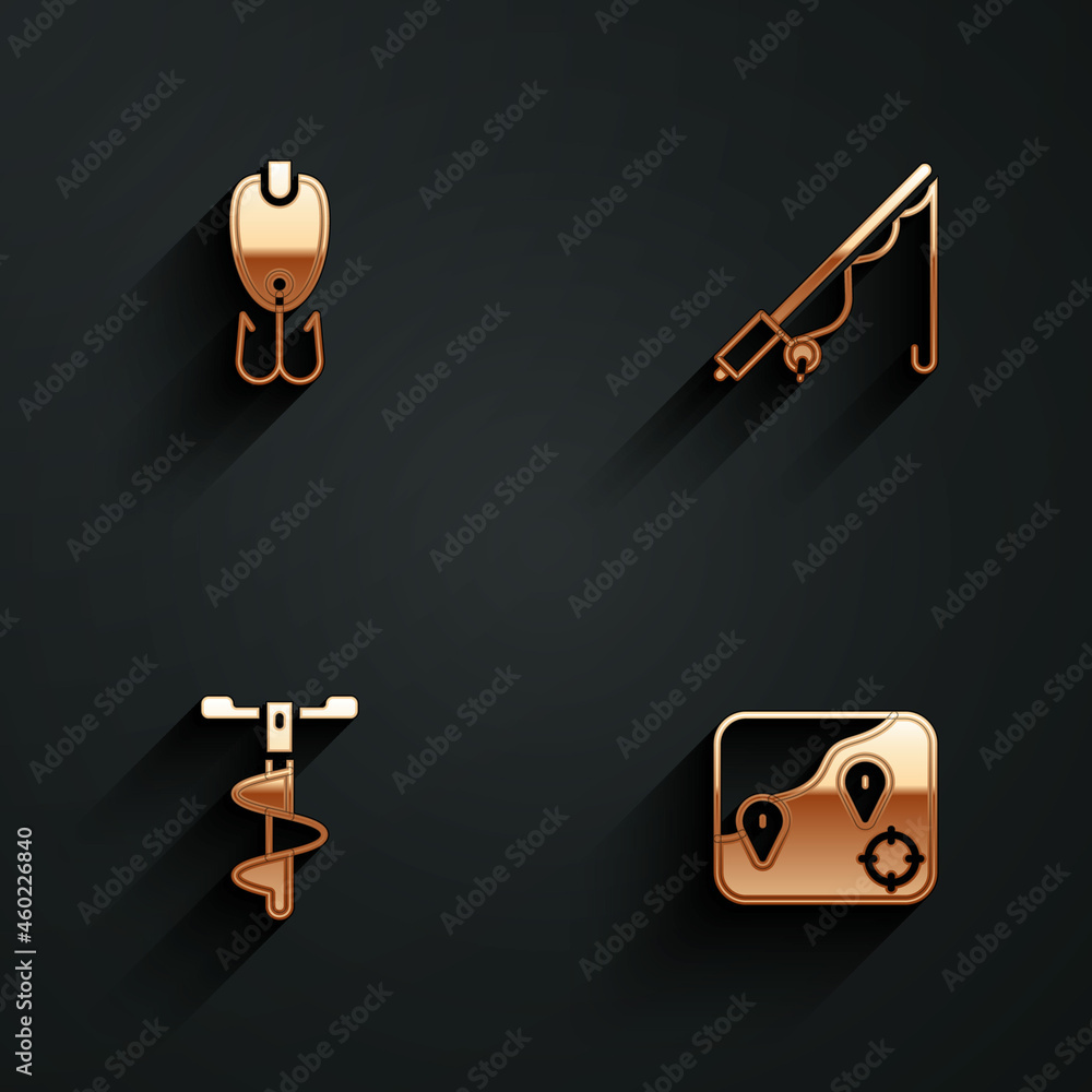 Fototapeta premium Set Fishing lure, rod, Hand ice drill and Location fishing icon with long shadow. Vector