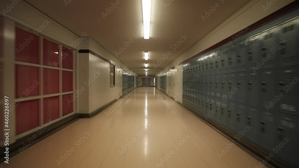 Cinematic establishing shot camera moving smoothly straight by the empty school corridor or hall with no students. B roll education in middle or high american school background footage during lessons Cinematic establishing shot camera moving smoothly straight by the empty school corridor or hall with no students. B roll education in middle or high american school background footage during lessons