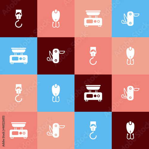 Set pop art Spring scale, Fishing lure, Electronic scales and Swiss army knife icon. Vector