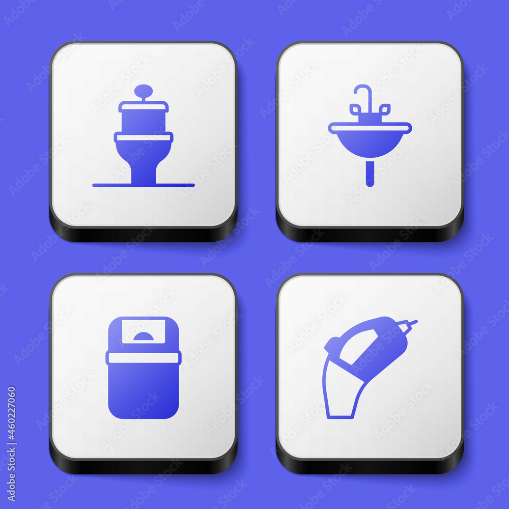 Set Toilet bowl, Washbasin, Trash can and Portable vacuum cleaner icon. White square button. Vector Set Toilet bowl, Washbasin, Trash can and Portable vacuum cleaner icon. White square button. Vector