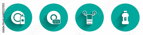 Set Dishwashing bottle and plate, Washing dishes, Towel on hanger and Bottle for detergent icon with long shadow. Vector